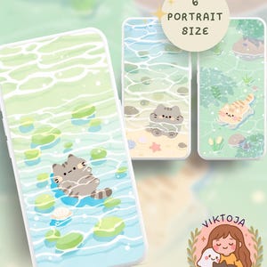 May include: Phone cases with cat illustrations in a water scene. The cases feature a gray tabby cat floating on water, a gray cat on a beach, and an orange tabby cat in a pond. The text "6 Portrait Size" is visible.