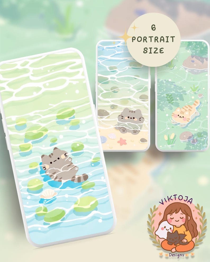 May include: Phone cases with cat illustrations in a water scene. The cases feature a gray tabby cat floating on water, a gray cat on a beach, and an orange tabby cat in a pond. The text "6 Portrait Size" is visible.