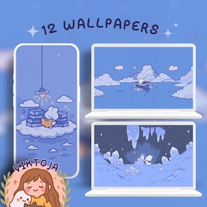 May include: Digital wallpapers featuring whimsical illustrations in shades of blue. The image shows a phone and two laptops displaying different scenes, including a bunny reading on a cloud and a boat on the water. Text reads "12 WALLPAPERS".