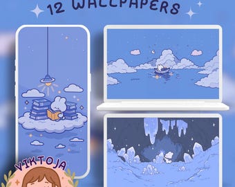 Blue Bunny Wallpaper: Pastel Kawaii Phone & Desktop Backgrounds (Digital Download)