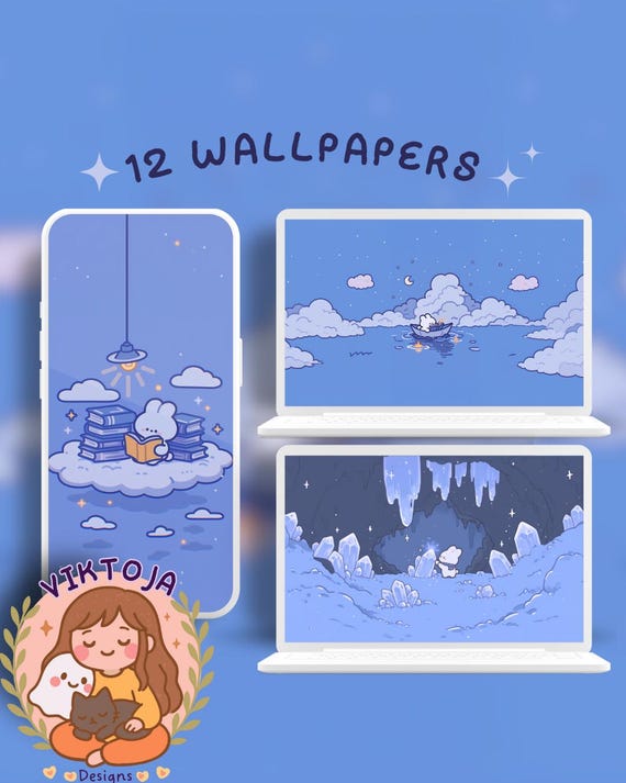 Blue Bunny Wallpaper: Pastel Kawaii Phone & Desktop Backgrounds (Digital Download)