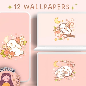 Fondo de pantalla de conejito kawaii sakura, fondo de pantalla pastel, fondo de pantalla rosa para escritorio, protector de pantalla de Sakura, fondo kawaii, fondo de pantalla para teléfono, linda pantalla de bloqueo