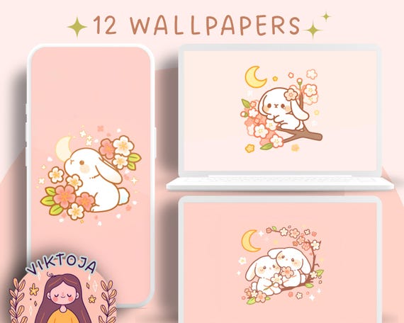 Kawaii Bunny Sakura Wallpaper: Pink Pastel Screensaver (Digital Download)