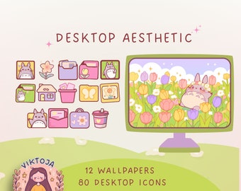 Könnte beinhalten: Ein Desktop-Ästhetik-Design mit 80 Symbolen und 12 Hintergrundbildern. Die Symbole sind in einem 4x5-Raster angeordnet und zeigen eine Comicfigur in einem Blumenfeld. Das Design ist in einem Pastellfarbschema mit Rosa, Gelb, Grün und Blau gehalten.