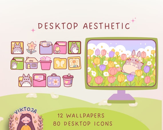 Kawaii Desktop Wallpaper & Icons: Spring Floral Theme (Digital Download)