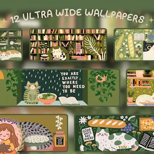 Può includere: Una collezione di 12 sfondi ultra-wide con una combinazione di colori verde e beige. Ogni sfondo presenta illustrazioni di gatti, libri, piante e cibo. Il testo include "You are exactly where you need to be" e "Good days are ahead."