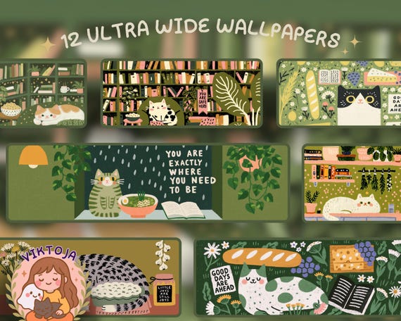 foodie cat quotes kawaii Ultrawide Wallpaper Set Desk Setup Desktop for 21:9 32x9