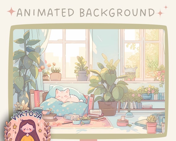 Cozy Lofi Cat Vtuber Animated Background: Twitch Stream Overlay