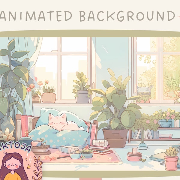 Fondo animado de Vtuber para Twitch, acogedores gatos y plantas lofi, linda superposición de transmisión, fondo en bucle, ambiente acogedor, fondo de vtuber