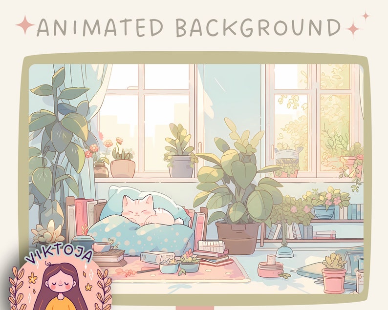 May include: A digital illustration of a cozy room with a white cat sleeping on a blue pillow. The room has a window with a view of trees and a bookshelf with books and plants. The text "ANIMATED BACKGROUND" is at the top of the image.