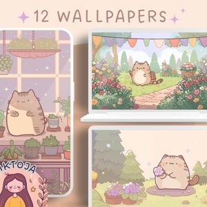Fondo de pantalla de gatos de jardín, fondo de pantalla en colores pastel, fondo de escritorio rosa, protector de pantalla lindo, fondo kawaii, fondo de pantalla de flores para teléfono, pantalla de bloqueo linda