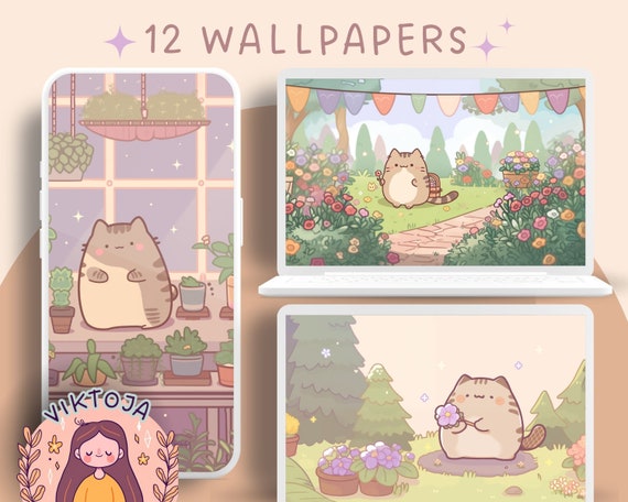 Kawaii Garden Cat Wallpaper: Pastel Pink Screensaver (Digital Download)