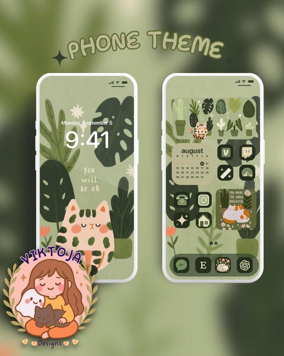 Green Cat Quote Phone Theme: iOS Android Icons & Wallpaper (Digital Download)