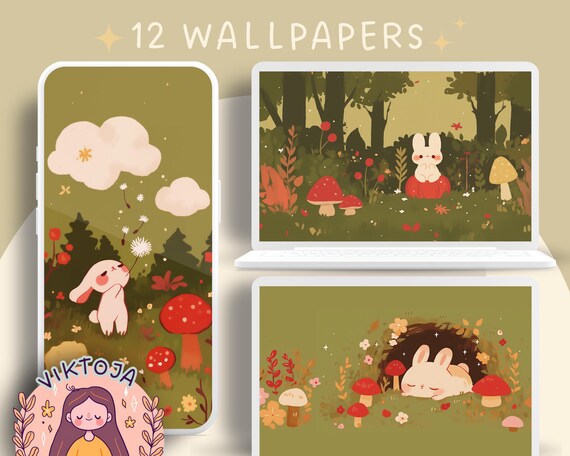 Autumn Bunny Wallpaper: Pastel Pumpkin, Purple Desktop (Digital Download)