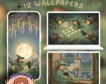 Conjunto de fondos de pantalla de Halloween Kawaii: bruja verde, fantasma y gato (descarga digital) con tinta y fantasmas