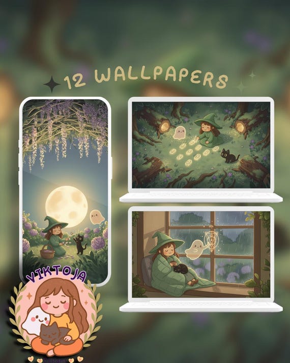 Kawaii Halloween Wallpaper Set: green Witch, Ghost & Cat (Digital Download) with inky and ghosty