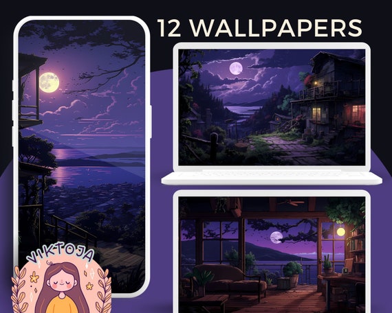 Studio Ghibli Inspired Purple Anime Wallpaper Set (Digital Download)