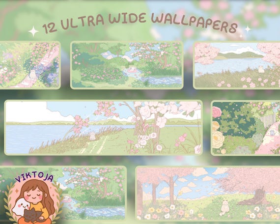 Sakura cat spring kawaii Ultrawide Wallpaper Set Desk Setup Desktop for 21:9 32x9