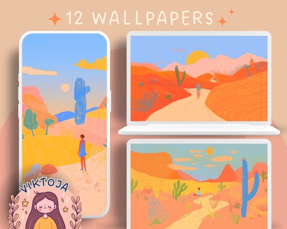 Desert Landscape Wallpaper Set, Boho Art (Digital Download)