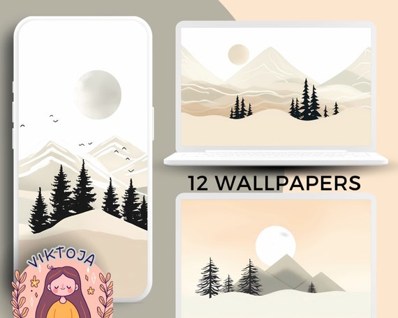 Neutrals Pine Landscape Wallpaper Set: Boho Desktop Backgrounds (Digital Download)