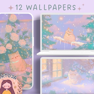 Fondo de pantalla de gatos de invierno kawaii, fondo de pantalla de vacaciones, fondo de pantalla de Navidad, protector de pantalla acogedor, fondo kawaii, fondo de pantalla de teléfono con nieve 4k