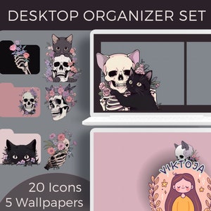 Skull and cat desktop organizer set skeleton wallpaper bundle cat icons dia de muertos desktop organizer Halloween desktop icons floral