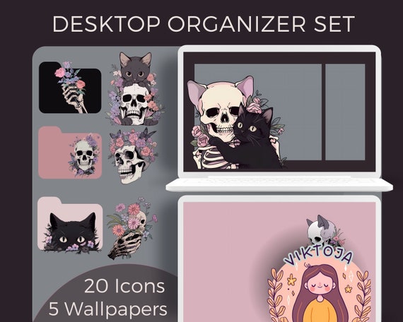 Skull & Cat Desktop Organizer Set: Halloween Floral Icons (Digital Download)
