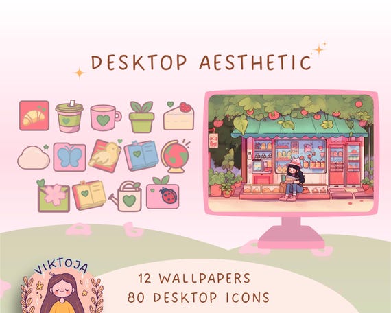 Kawaii Desktop Wallpaper & Icon Set – Cozy Plants (Digital Download)