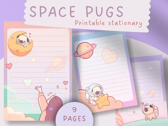 Space Pugs Stationery: Kawaii Lined Journal Pages (PDF)