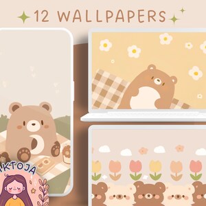 Brown bear Kawaii flower Wallpaper pastel wallpaper pink desktop wallpaper cute screensaver kawaii background phone flower wallpaper