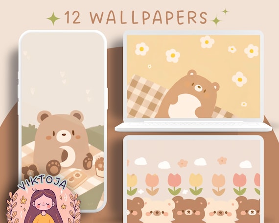 Kawaii Brown Bear Wallpaper: Pastel Flower Backgrounds (Digital Download)