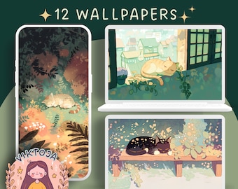 May include: A set of 12 digital wallpapers featuring cute cats sleeping in various settings. The wallpapers are in a soft, pastel color palette and feature a whimsical, dreamy aesthetic.