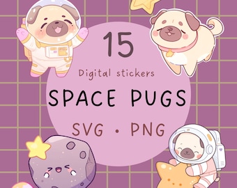 Kawaii Space Pug Clipart: Galaxy Stickers (SVG, PNG)