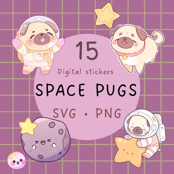 Kawaii Space Pug Clipart: Galaxy Stickers (SVG, PNG)