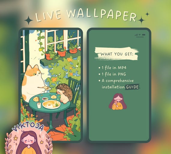 Cat and Hedgehog Live Wallpaper: Kawaii iOS/Android Phone Background (MP4 & PNG)