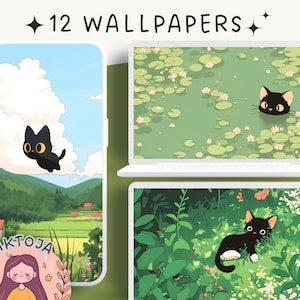 Fondo de pantalla de gato negro, fondo de pantalla de plantas, fondo de pantalla verde acogedor, fondo de pantalla de matcha, fondo de pantalla kawaii, descarga instantánea, fondo de pantalla de anime, gatos y plantas