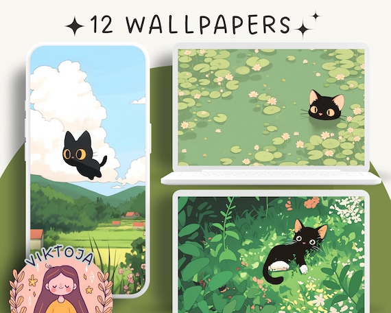 Cozy Black Cat Wallpaper Set: Kawaii Anime Backgrounds (Digital Download)