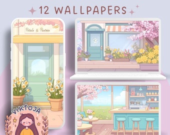 May include: A set of 12 digital wallpapers featuring cute illustrations of shops and cafes. The wallpapers feature pastel colours and floral designs. The text "Petals & Pastries" is visible on one of the wallpapers.