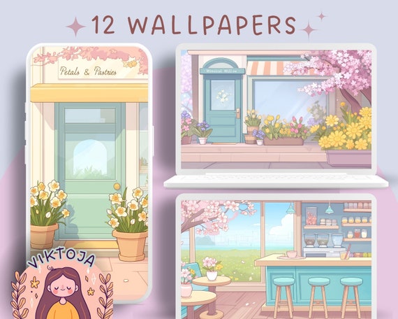 Cherry Blossom City Wallpaper: Kawaii Pastel Screensaver (Digital Download)