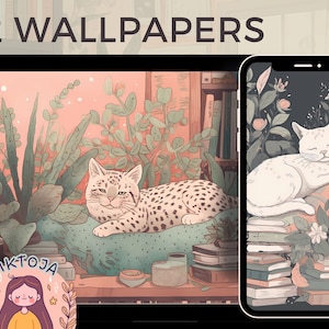 Cats wallpaper plants wallpaper books cozy Wallpaper desktop Bundle boho wallpaper Instant Download i love cats wallpaper cats and plants