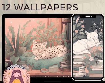 Cats wallpaper plants wallpaper books cozy Wallpaper desktop Bundle boho wallpaper Instant Download i love cats wallpaper cats and plants