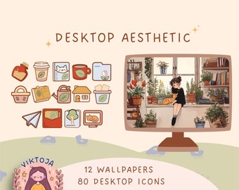 Paquete de fondos de pantalla acogedores: gatos, plantas, libros e iconos kawaii