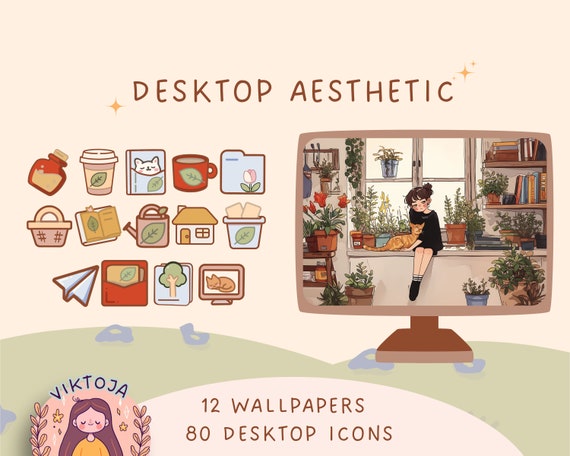 Cozy Desktop Wallpaper Bundle: Cats, Plants, Books, Kawaii Icons