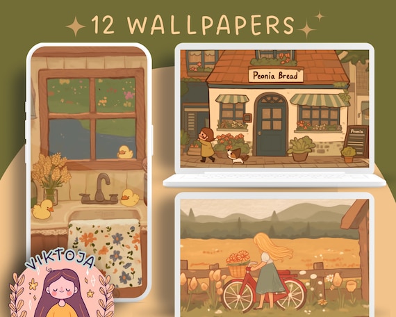 Kawaii Cottage Wallpaper Set: Pastel Phone & Desktop Backgrounds (Digital Download)