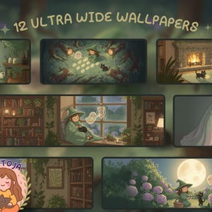 May include: An illustration featuring 12 ultra-wide wallpapers with a witchy theme. Each scene depicts a witch in a green outfit with a black cat, surrounded by elements like a fireplace, bookshelves, and a full moon. The text "12 ULTRA WIDE WALLPAPERS" is at the top.