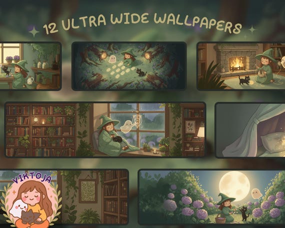 Kawaii Halloween Wallpaper: Witch, Cat, Ghost - Ultrawide Screens (Digital Download)