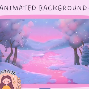 May include: An animated background with a pink and purple sky, snow-covered ground, and a river flowing through the center. The scene is set in a winter forest with trees covered in snow.