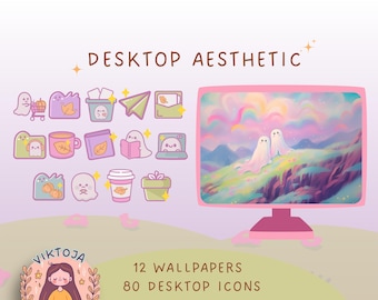 Pastel Ghost Desktop Wallpaper & Kawaii Icons (Digital Download)