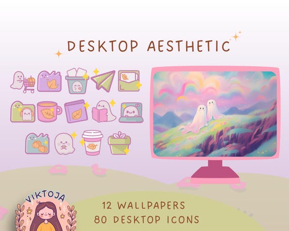 Pastel Ghost Desktop Wallpaper & Kawaii Icons (Digital Download)