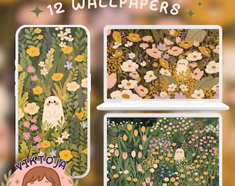 Fondo de pantalla de fantasmas primaverales kawaii, protector de pantalla de flores pastel (descarga digital)